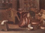 unknow artist A Kitchen still life of utensils and fruit in a basket,shelves with wine caskets beyond